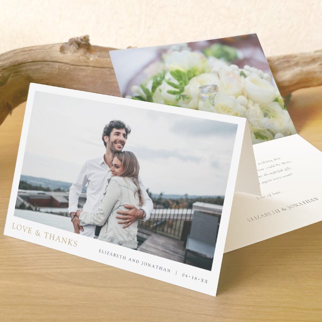 Simple Modern Photo Gold Love and Thanks Wedding Thank You Card (Creator Uploaded)