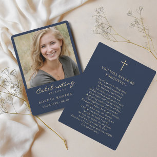 Simple Modern Photo Gold Script Blue Memorial Card