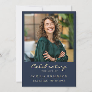 Simple Modern Photo Gold Script Blue Memorial Card