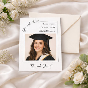 Simple modern photo Graduate She did it Thank You Card