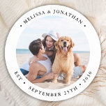 Simple Modern Photo Personalised Wedding Favours  Classic Round Sticker<br><div class="desc">Add the finishing touch to your wedding with these cute custom photo stickers. Perfect to label your wedding favours to all your guests, and for envelope stickers to send out thank you cards . Customise these photo stickers with your favourite couples photo, dog of honours photo, or your newlywed photo...</div>