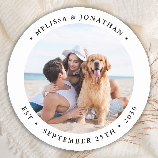 Simple Modern Photo Personalised Wedding Favours  Classic Round Sticker (Creator Uploaded)