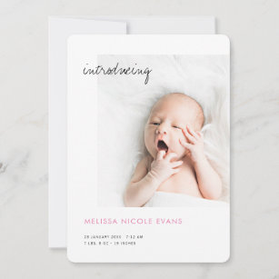 Simple Modern Photo Pink Baby Girl Birth Announcement