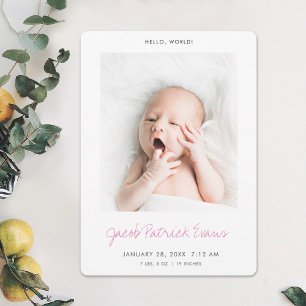 Simple Modern Photo Pink Script Baby Girl Birth Announcement