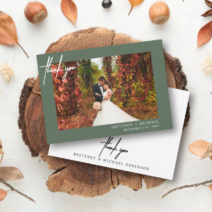 Simple Modern Photo Sage Green Wedding Thank You Card