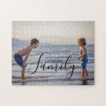 Simple Modern Photo Template Custom Family Name Jigsaw Puzzle<br><div class="desc">Simple Modern Photo Template Custom Family Name Jigsaw Puzzle features your favourite photo with your personalised family name. Makes a fantastic gift for Christmas,  birthday,  anniversary,  Mother's Day,  Father's Day,  Grandparents Day and more. Personalise by editing the text in the text box provided. Designed by ©Evco Studio www.zazzle.com/store/evcostudio</div>