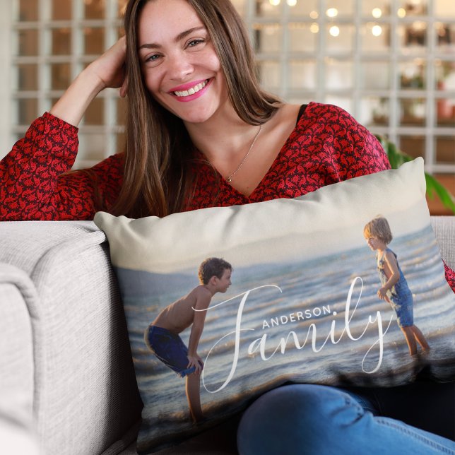Simple Modern Photo Template Custom Family Name Lumbar Cushion (Creator Uploaded)