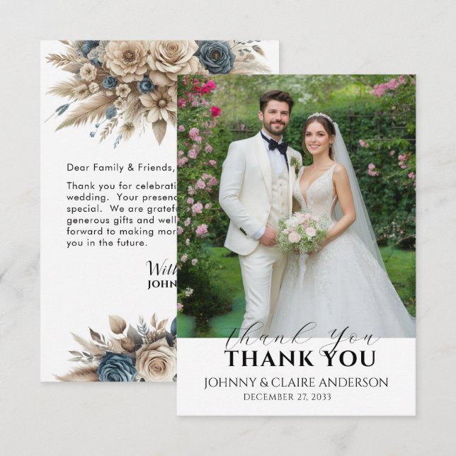 Simple Modern Photo Wedding Thank You Card W Note (Front/Back)