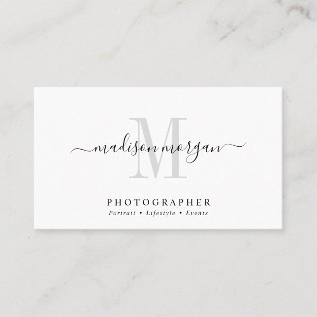 Simple Modern Photographer Script Monogram Business Card (Front)