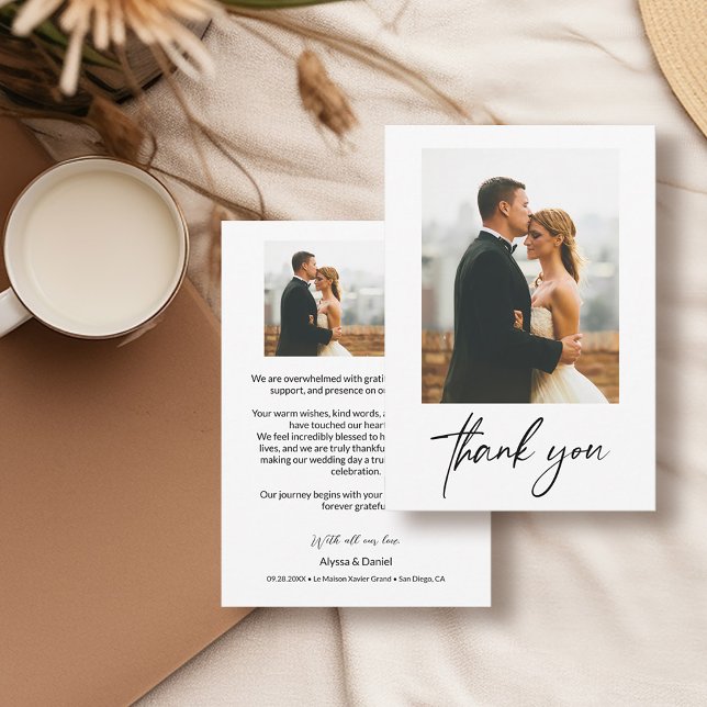 Simple Modern Photos Wedding Thank you (Simple, handlettering thank you script wedding photo cards with personal message.)