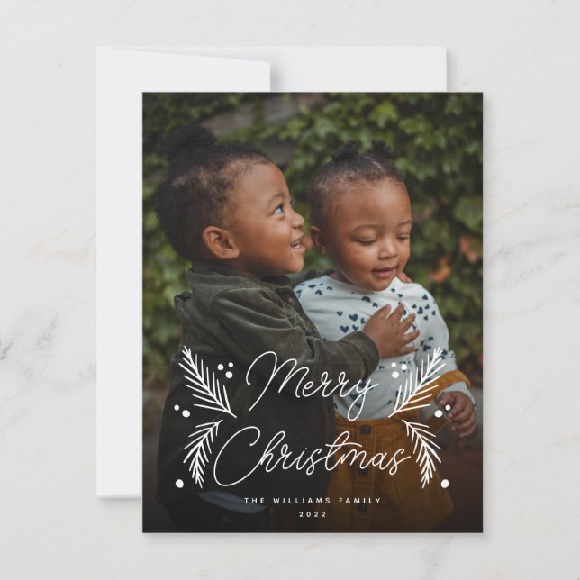 Simple Modern Pine Berry Full Photo Holiday Card (Front)