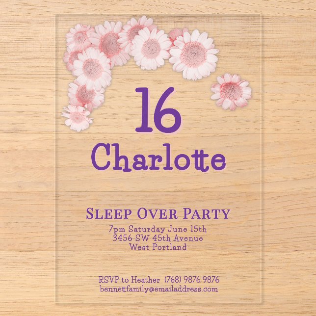 Simple Modern Pink Daisy 16th Birthday Party  Acrylic Invitations (Front)