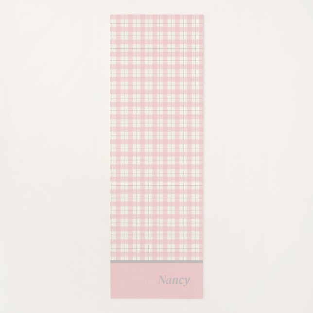 Simple Modern Pink Girly Plaid Custom Name  Yoga Mat (Front)
