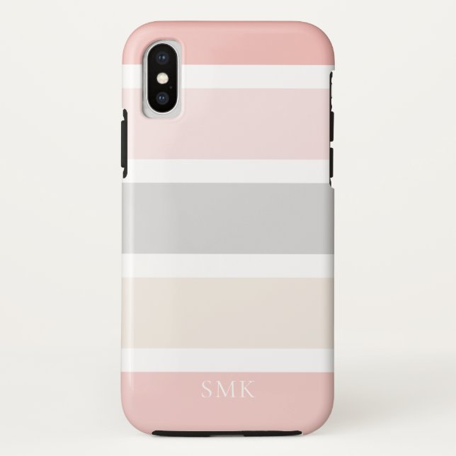Simple Modern Pink Grey Cream Stripes Monogram Case-Mate iPhone Case (Back)