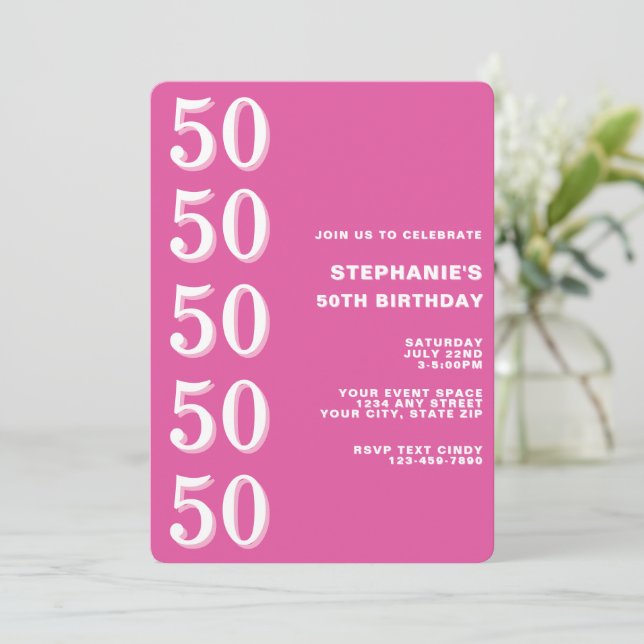 Simple Modern Pink Milestone 50th Birthday Invitation (Standing Front)