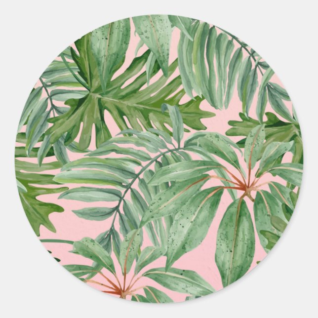 Simple Modern Pink Palm Leaf Tropical Floral  Classic Round Sticker (Front)