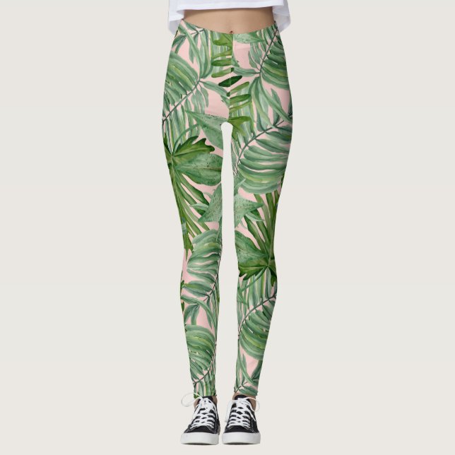 Simple Modern Pink Palm Leaf Tropical Floral  Leggings (Front)