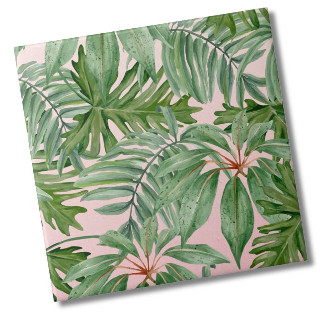 Simple Modern Pink Palm Leaf Tropical Floral  Tile (Chic Trendy Stylish Tropical Floral Pink Palm Leaf ceramic tile)
