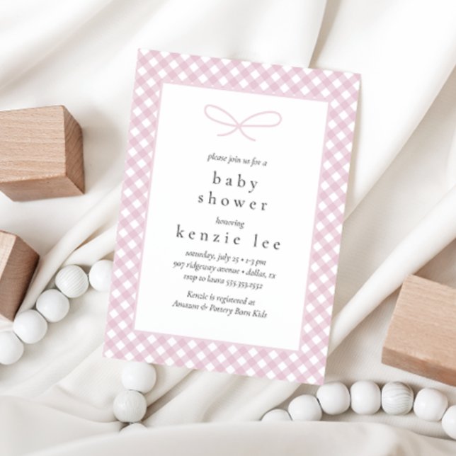 Simple Modern Pink Plaid Bow Baby Shower Invitation (Creator Uploaded)