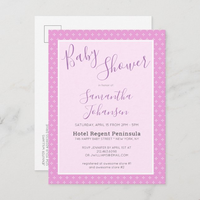 Simple Modern Pink Star Pattern Baby Shower  Invitation Postcard (Front/Back)