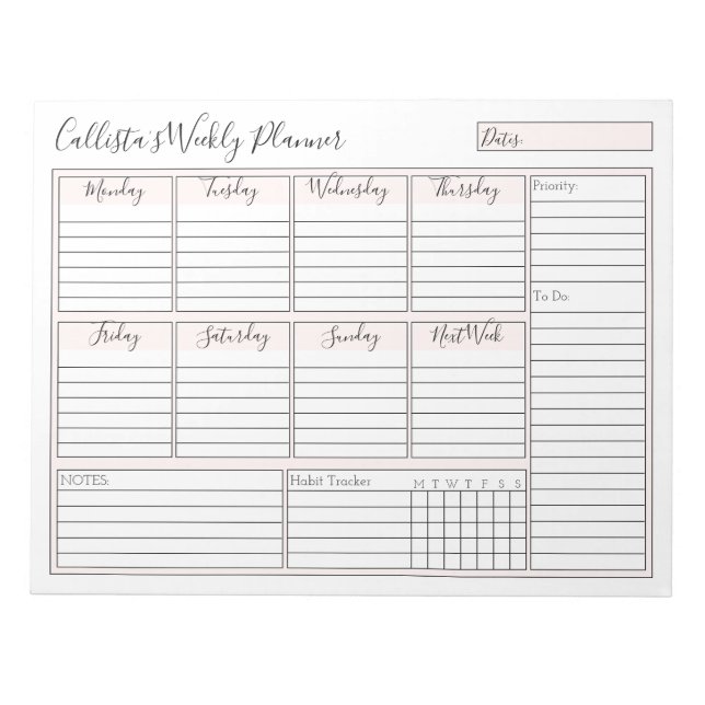 Simple Modern Pink White Weekly Custom Planner Notepad (Front)