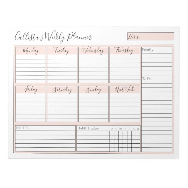 Simple Modern Pink White Weekly Custom Planner Notepad (Front)