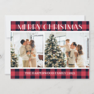 Simple Modern Plaid Christmas Family Two Photo Holiday Card