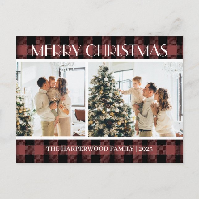 Simple Modern Plaid Christmas Family Two Photo Holiday Postcard (Front)