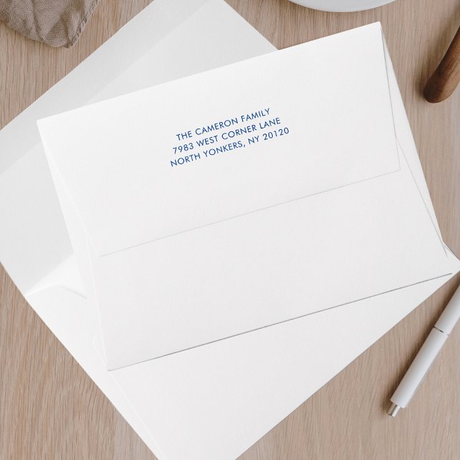 Simple Modern Plain Return Address Mailing Envelope (White Envelope with Custom Blue Typography Return Address)