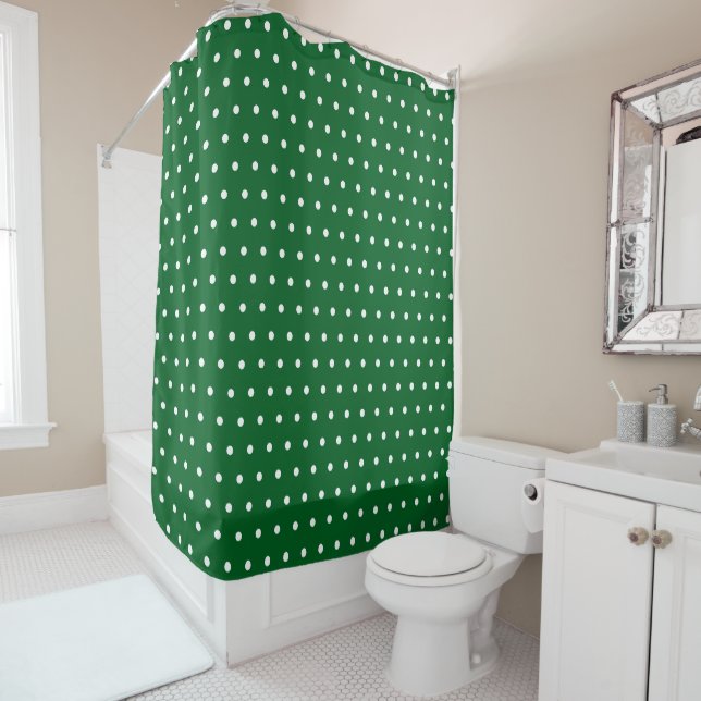 Simple Modern Polka Dots Dark Forest Green & White Shower Curtain (In Situ)