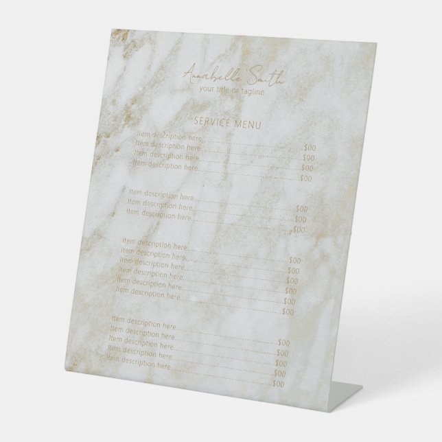 Simple Modern Price List Elegant Gold Marble Pedestal Sign (Front)