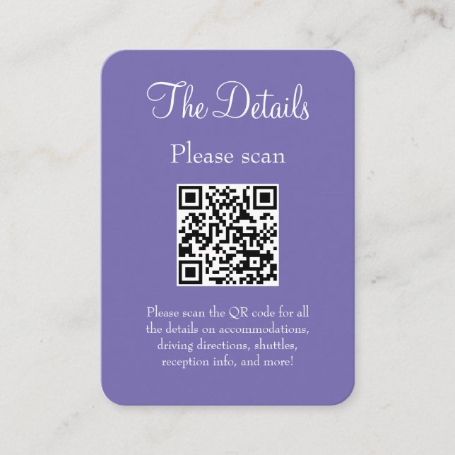 Simple Modern Purple Wedding Details with QR Code Enclosure Card (Front)