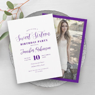 Simple Modern Purple White Photo Sweet 16 Sixteen Invitation