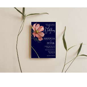 Simple Modern QR code Floral Navy Wedding Invitation