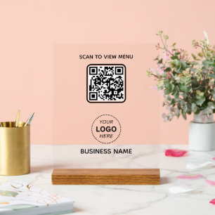 Simple Modern QR Code Menu Business Name & Logo  Acrylic Sign