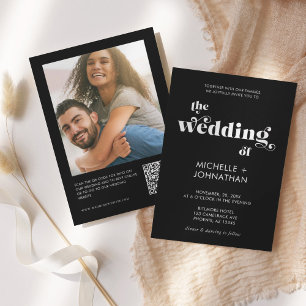 Simple Modern QR Photo Black & White Wedding Invitation