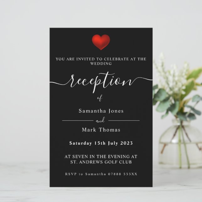 Simple Modern Red Heart Black Reception Invitation Stationery (Standing Front)