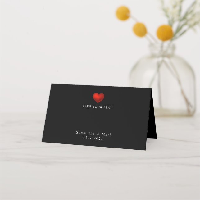 Simple Modern Red Heart Black Wedding Place Card (Front)