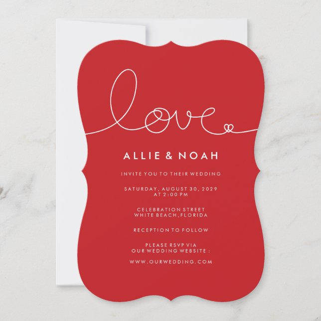 Simple Modern Red Loopy Love Heart Wedding Invite (Front)