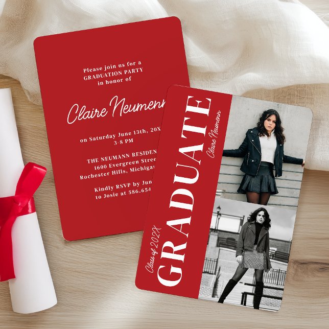 Simple Modern Red Photo Collage Graduation Party Invitation (Creator Uploaded)