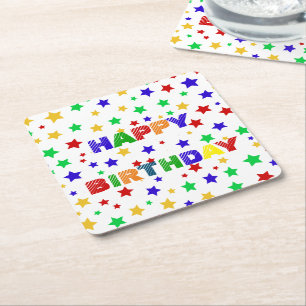 Simple Modern red Star colourful birthday party Square Paper Coaster