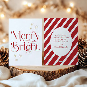 Simple Modern Red Stripes Merry and Bright Holiday Card