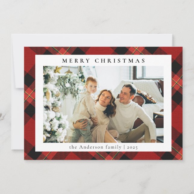 Simple Modern Red Tartan Plaid | Photo Christmas Holiday Card (Front)
