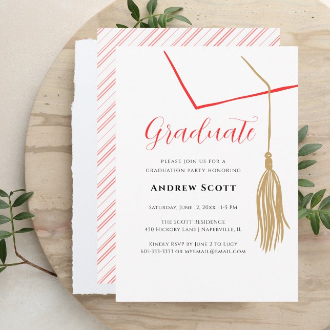 Simple Modern Red & White Gold Tassel Grad Invite (Creator Uploaded)