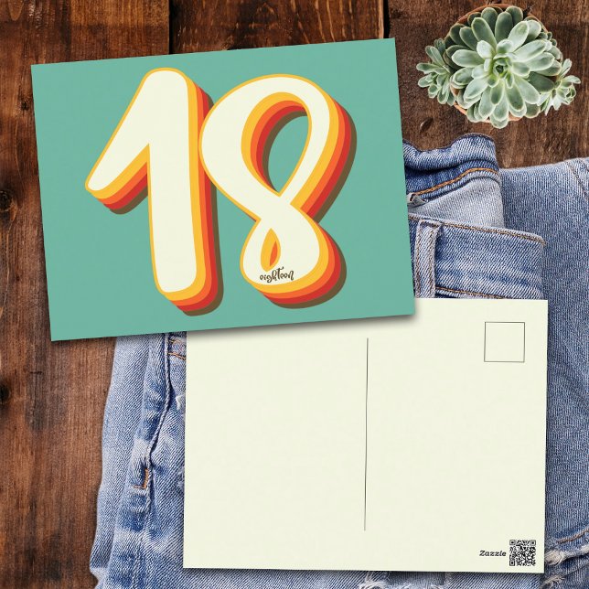 Simple Modern Retro Groovy Eighteen 18th Birthday Postcard (Front and Back)