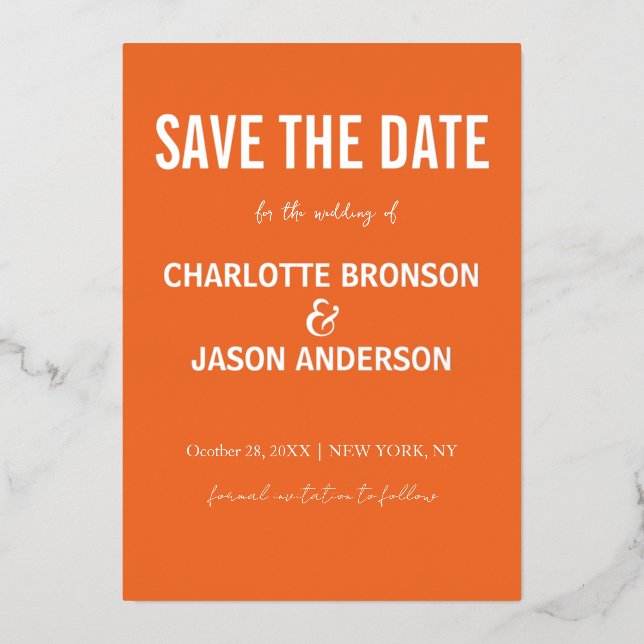 Simple Modern Retro Orange Save The Date Silver (Front)