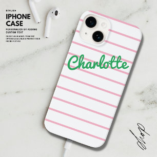 Simple Modern Retro Pink and Green Stripe Name Case-Mate iPhone 14 Case
