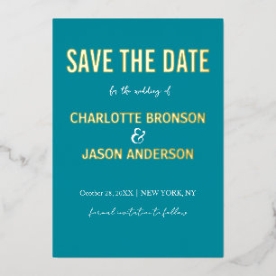 Simple Modern Retro Teal Save The Date Gold