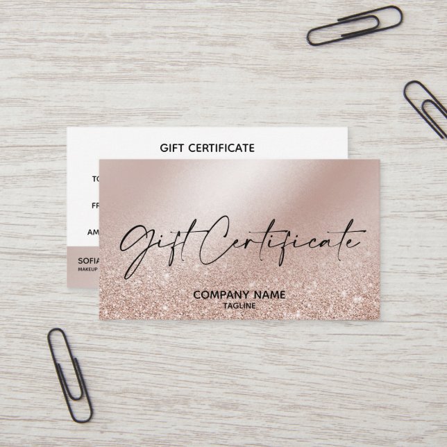 Simple & Modern Rose Gold Certificate Gift Card (Front/Back In Situ)