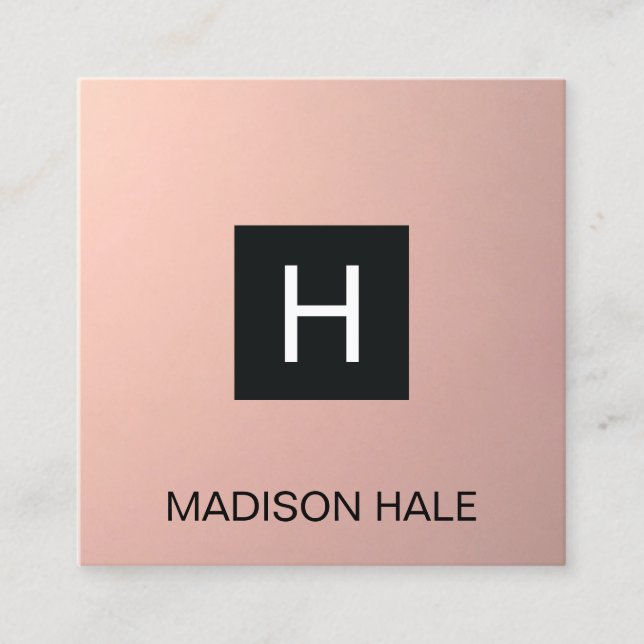 Simple Modern Rose Gold Copper  Monogram Square Business Card (Front)